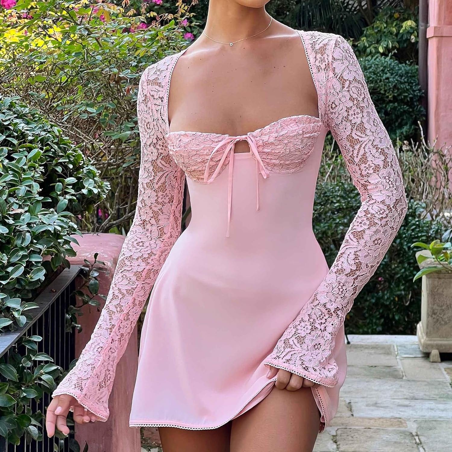 Women Long Sleeve Y2K Mini Dress Low-Cut Tie-Up Lace Patchwork Cocktail Dress A-Line Dress