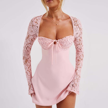 Women Long Sleeve Y2K Mini Dress Low-Cut Tie-Up Lace Patchwork Cocktail Dress A-Line Dress