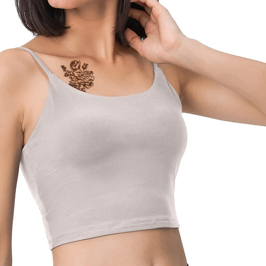 Women Longline Padded Sports Bra, Strappy Crop Tank Tops Wireless Cami Shirt Fitness Yoga Workout Running… Light Grey / Small