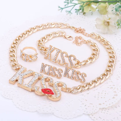 Women Necklace Jewelry Set Gold Plated Crystal Kiss Lipstick Costume Fashion Wedding Party