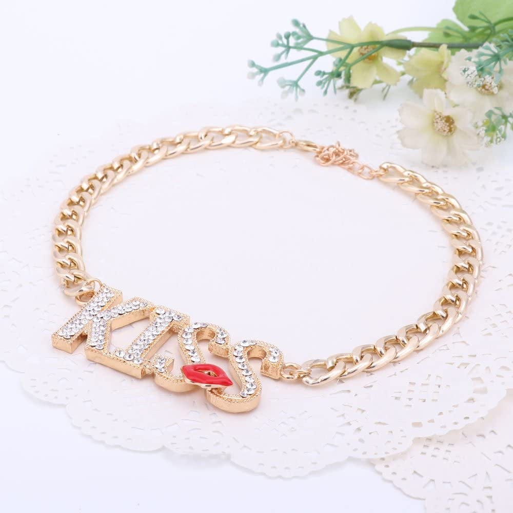 Women Necklace Jewelry Set Gold Plated Crystal Kiss Lipstick Costume Fashion Wedding Party