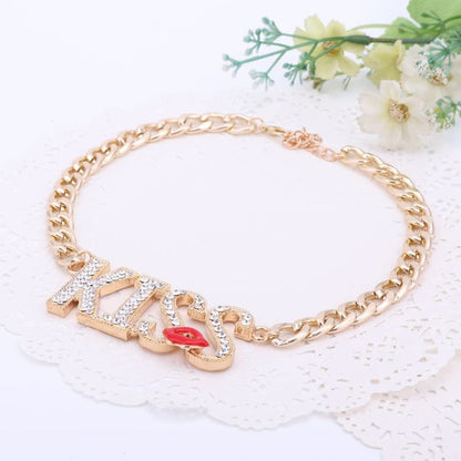 Women Necklace Jewelry Set Gold Plated Crystal Kiss Lipstick Costume Fashion Wedding Party