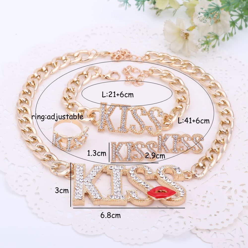 Women Necklace Jewelry Set Gold Plated Crystal Kiss Lipstick Costume Fashion Wedding Party