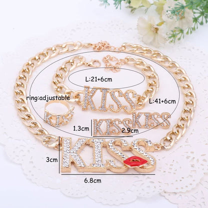 Women Necklace Jewelry Set Gold Plated Crystal Kiss Lipstick Costume Fashion Wedding Party