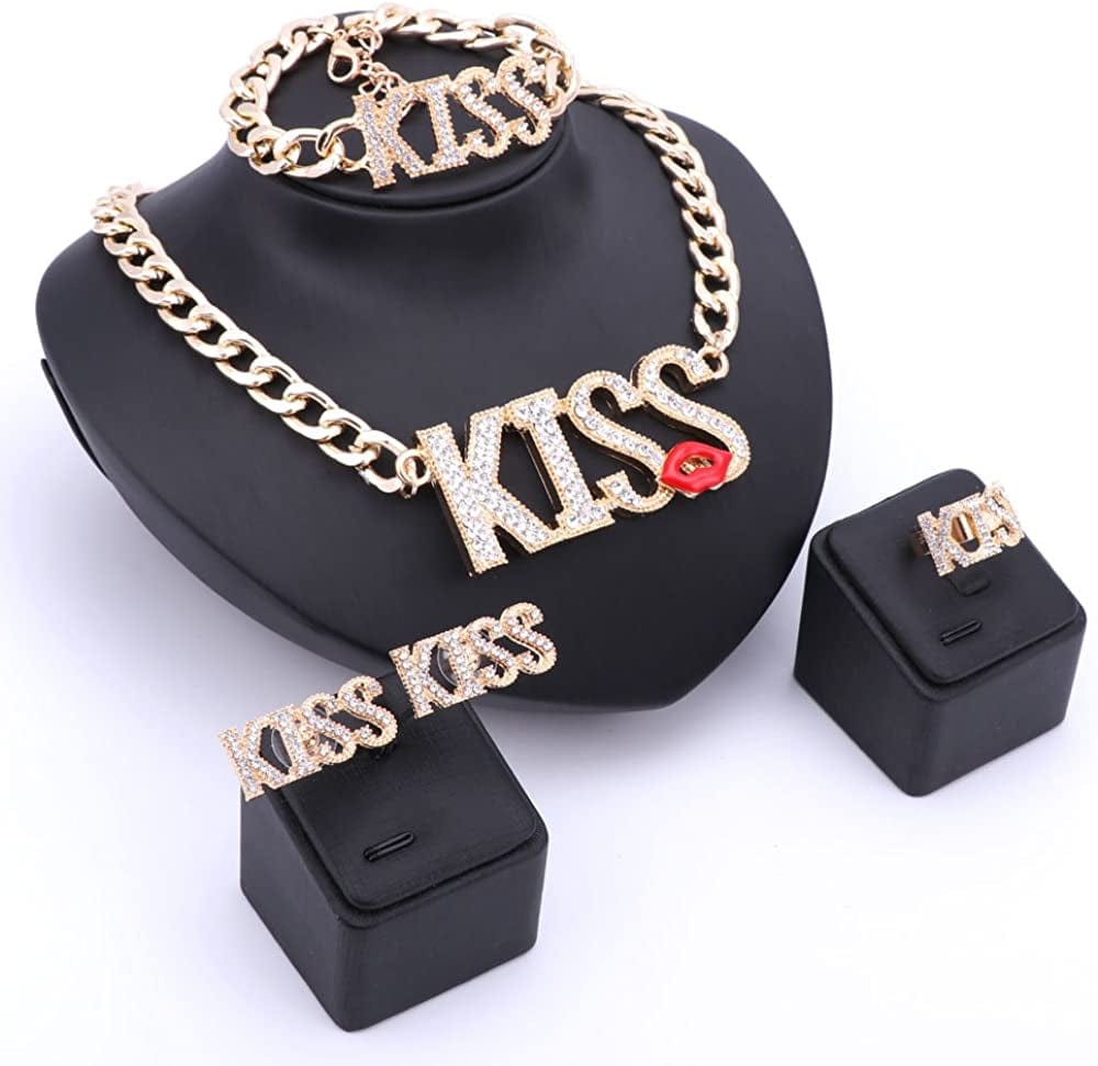 Women Necklace Jewelry Set Gold Plated Crystal Kiss Lipstick Costume Fashion Wedding Party