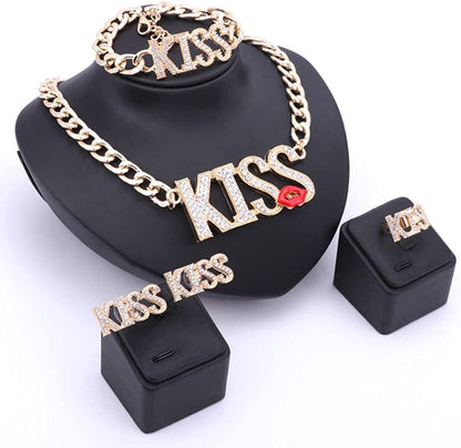 Women Necklace Jewelry Set Gold Plated Crystal Kiss Lipstick Costume Fashion Wedding Party