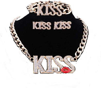 Women Necklace Jewelry Set Gold Plated Crystal Kiss Lipstick Costume Fashion Wedding Party