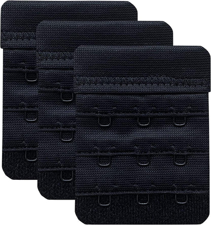 Women Pack of 3 Soft Comfortable 3 Hooks Bra Extender,2.4"X 2.3" Black, 1/2 Inch Spacing