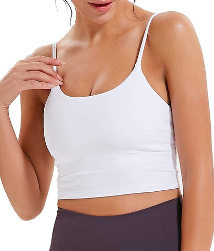 Women Padded Sports Bra Longline Sleeveless Shirts Workout Gym Running Fitness Camisole Crop Tank Tops White / Large