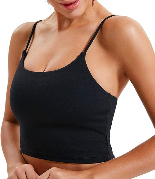 Women Padded Sports Bra Longline Sleeveless Shirts Workout Gym Running Fitness Camisole Crop Tank Tops Black / Small