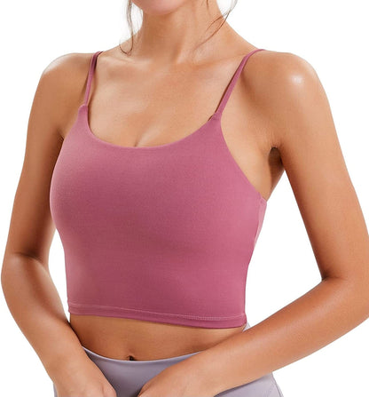 Women Padded Sports Bra Longline Workout Yoga Fitness Gym Running Crop Tank Top Camisole Bra Rose Red / Large