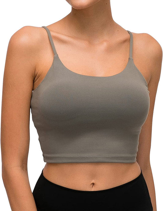 Women Padded Sports Bra Longline Workout Yoga Fitness Gym Running Crop Tank Top Camisole Bra Olive Green / Large