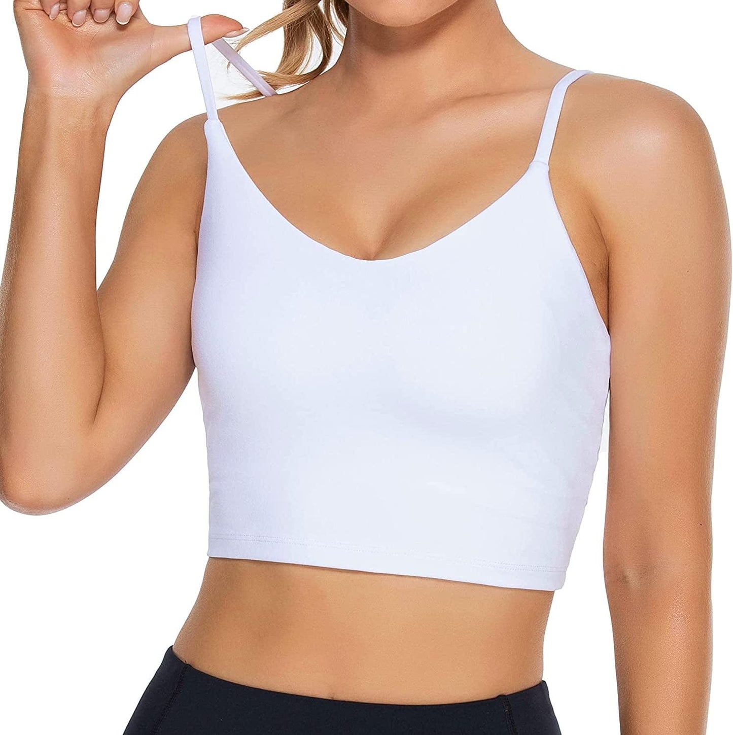 Women Padded Sports Bra V Neck Fitness Workout Shirts Yoga Crop Tank Top White / Medium