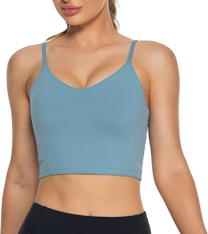 Women Padded Sports Bra V Neck Fitness Workout Shirts Yoga Crop Tank Top Sky Blue / Large
