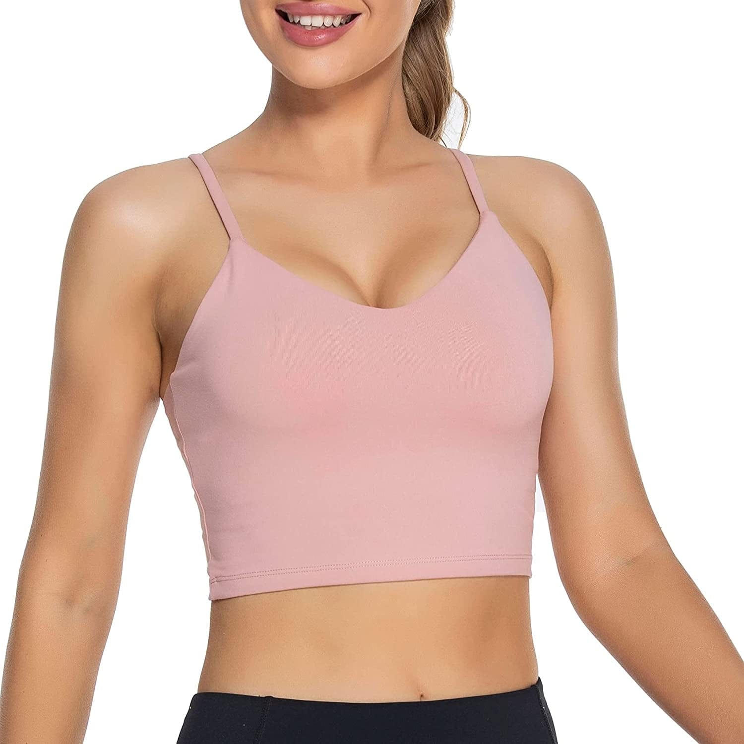 Women Padded Sports Bra V Neck Fitness Workout Shirts Yoga Crop Tank Top Light Pink / X-Large