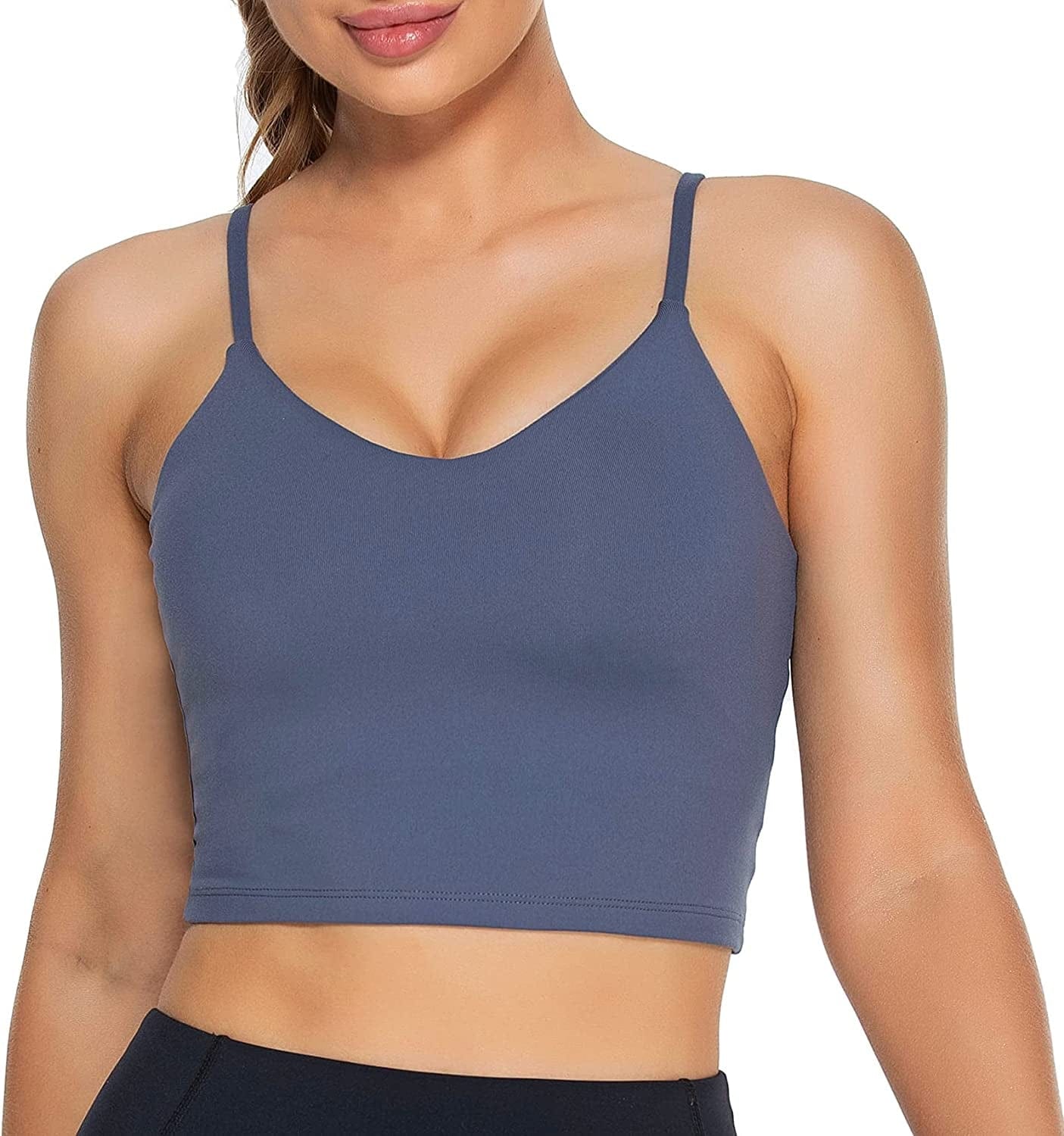 Women Padded Sports Bra V Neck Fitness Workout Shirts Yoga Crop Tank Top Navy Blue / Small