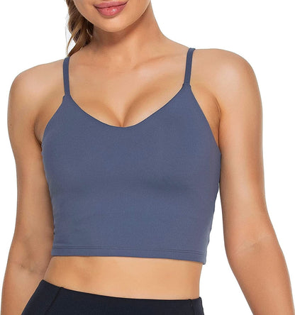 Women Padded Sports Bra V Neck Fitness Workout Shirts Yoga Crop Tank Top Navy Blue / Small