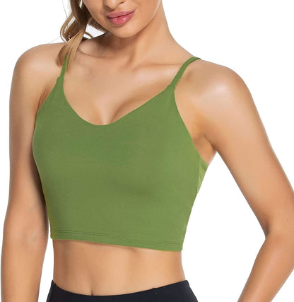 Women Padded Sports Bra V Neck Fitness Workout Shirts Yoga Crop Tank Top Grass Green / Small