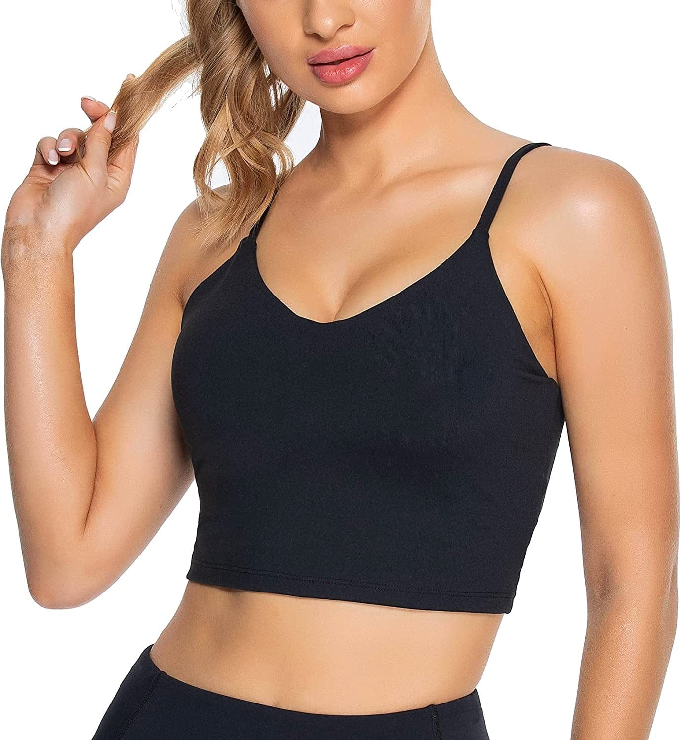 Women Padded Sports Bra V Neck Fitness Workout Shirts Yoga Crop Tank Top Black / X-Large