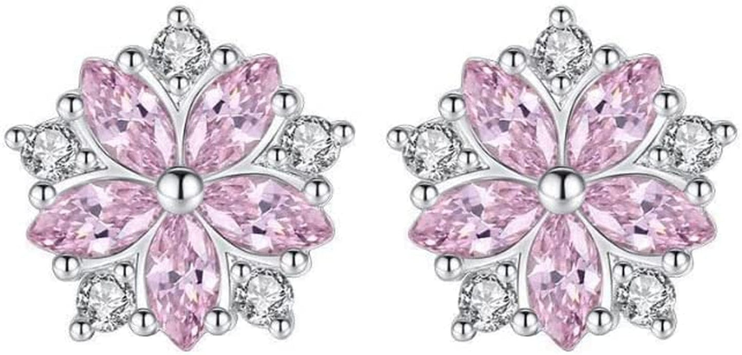 Women Pink Crystal Flower Rings Silver CZ Crystal Rings Large Flowers Floral Rings,Pink,#8 Earring.pink / #11
