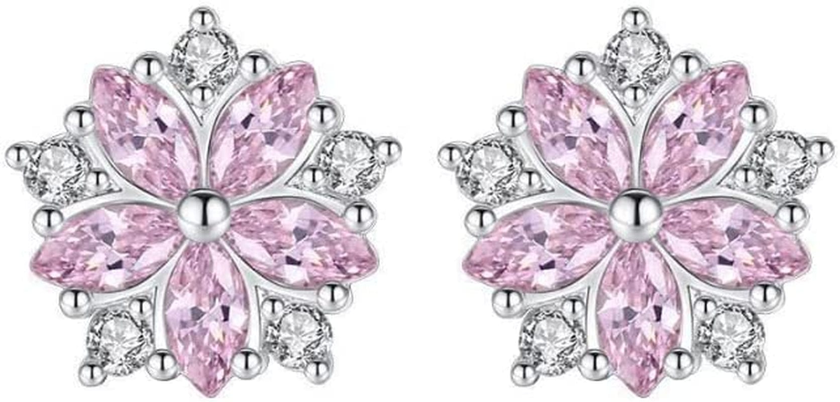 Women Pink Crystal Flower Rings Silver CZ Crystal Rings Large Flowers Floral Rings,Pink,#8 Earring.pink / #11