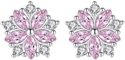 Women Pink Crystal Flower Rings Silver CZ Crystal Rings Large Flowers Floral Rings,Pink,#8 Earring.pink / #11