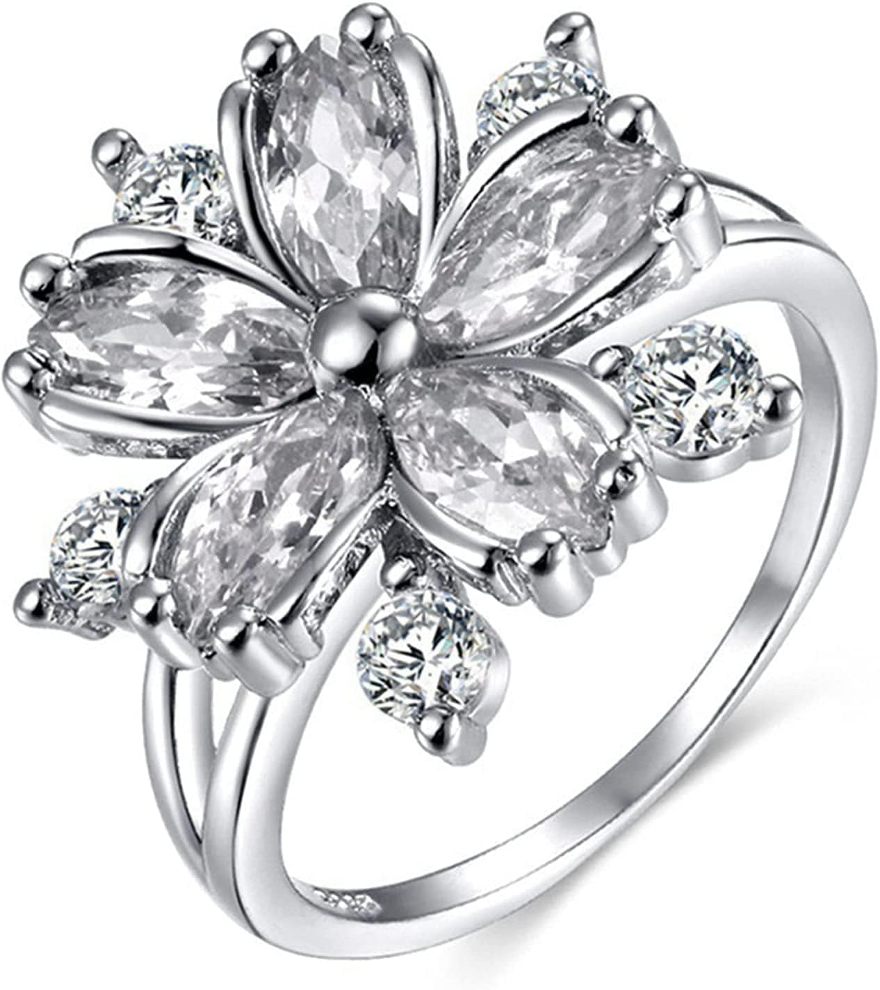 Women Pink Crystal Flower Rings Silver CZ Crystal Rings Large Flowers Floral Rings,Pink,#8 Silver / #6