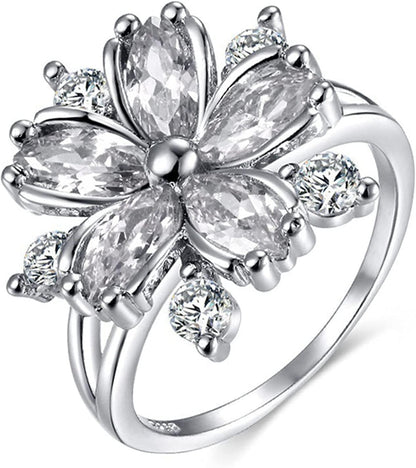 Women Pink Crystal Flower Rings Silver CZ Crystal Rings Large Flowers Floral Rings,Pink,#8 Silver / #6