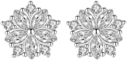 Women Pink Crystal Flower Rings Silver CZ Crystal Rings Large Flowers Floral Rings,Pink,#8 Earring.white / #11