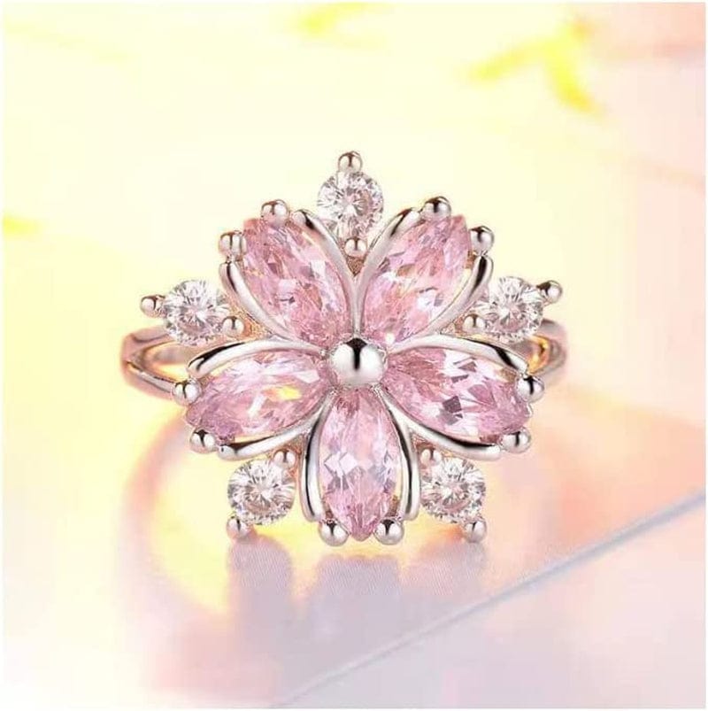 Women Pink Crystal Flower Rings Silver CZ Crystal Rings Large Flowers Floral Rings,Pink,#8 Rose gold / #10
