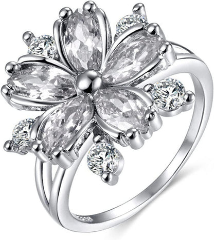 Women Pink Crystal Flower Rings Silver CZ Crystal Rings Large Flowers Floral Rings,Pink,#8 Silver / #8