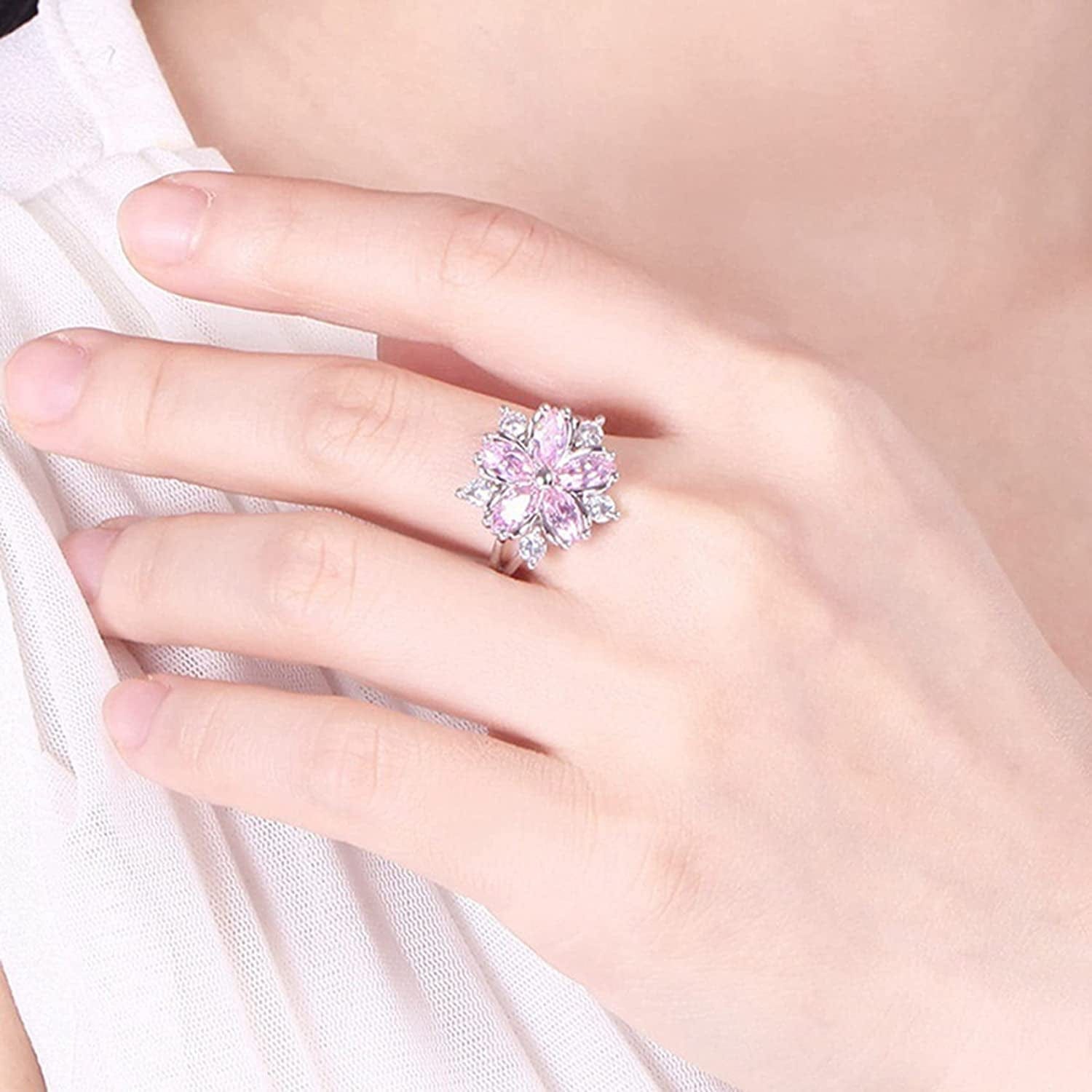 Women Pink Crystal Flower Rings Silver CZ Crystal Rings Large Flowers Floral Rings,Pink,#8