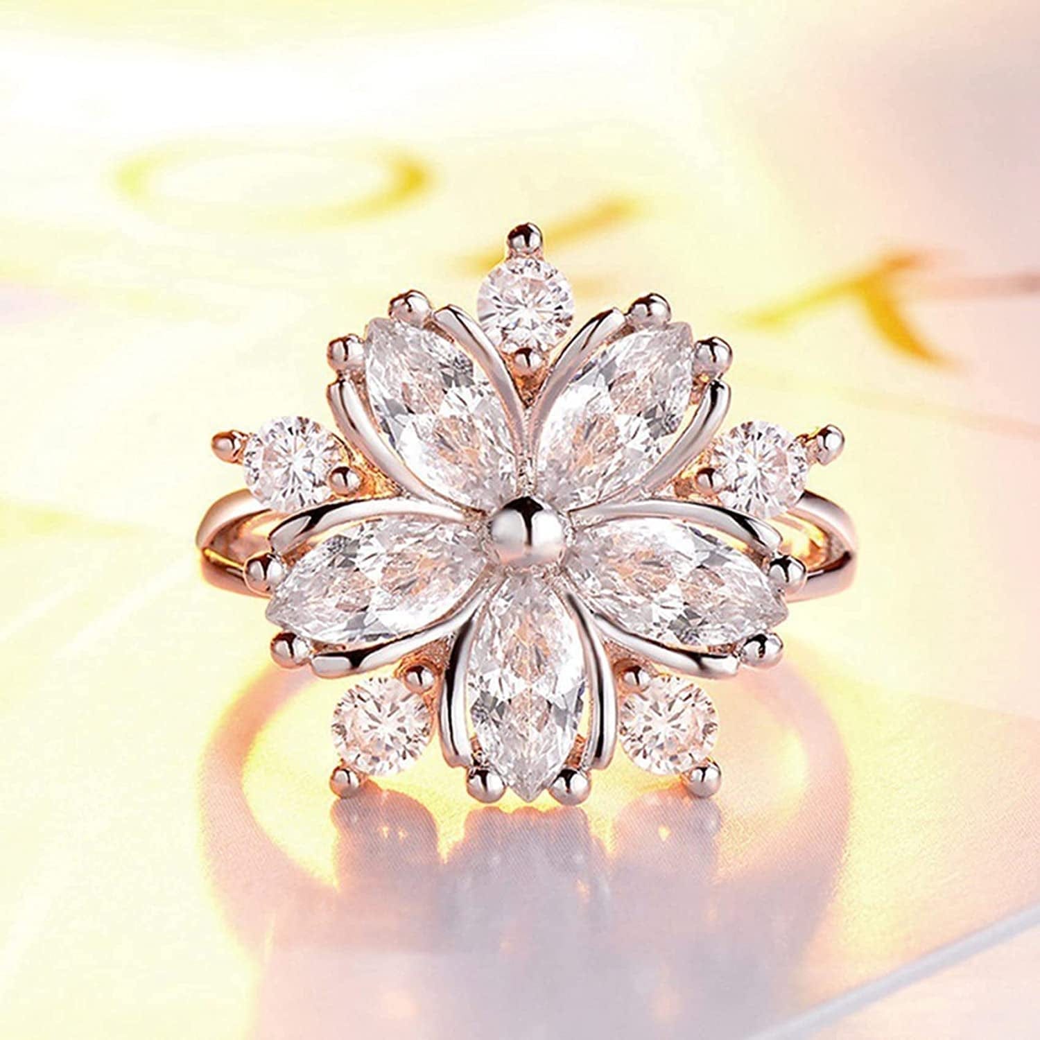 Women Pink Crystal Flower Rings Silver CZ Crystal Rings Large Flowers Floral Rings,Pink,#8