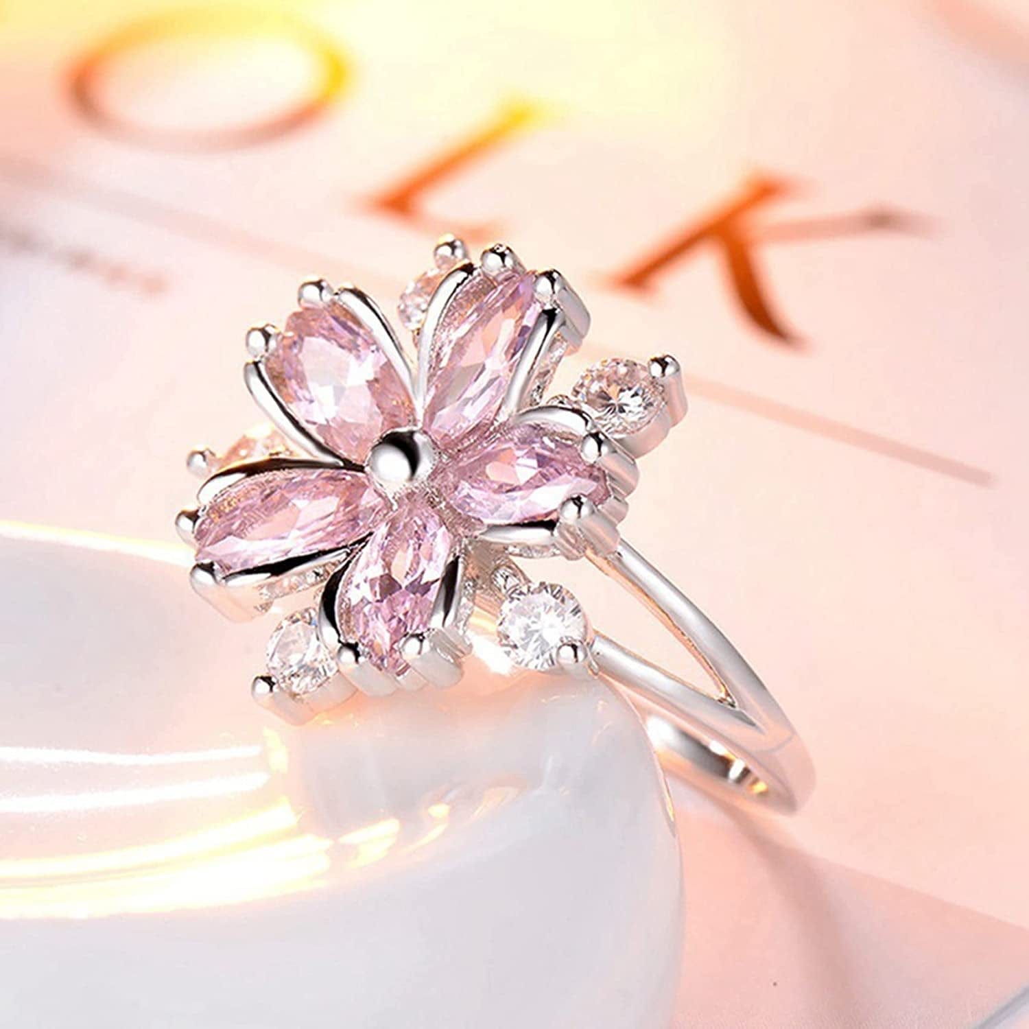 Women Pink Crystal Flower Rings Silver CZ Crystal Rings Large Flowers Floral Rings,Pink,#8