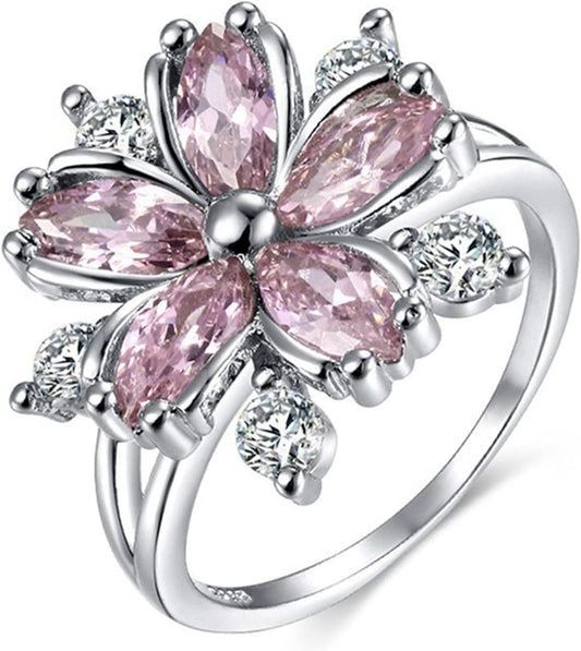 Women Pink Crystal Flower Rings Silver CZ Crystal Rings Large Flowers Floral Rings,Pink,#8 Pink / #8