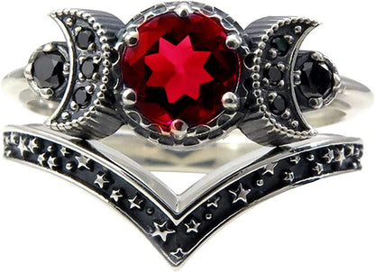 Women Punk Ringe Band Moon Ring Red Amethyst Ring Moon Jewellery Gifts Men Waves Stacking Engagement Wedding Rings Finger Band Minimalist Jewelry Gifts for Women Girls Red / 10