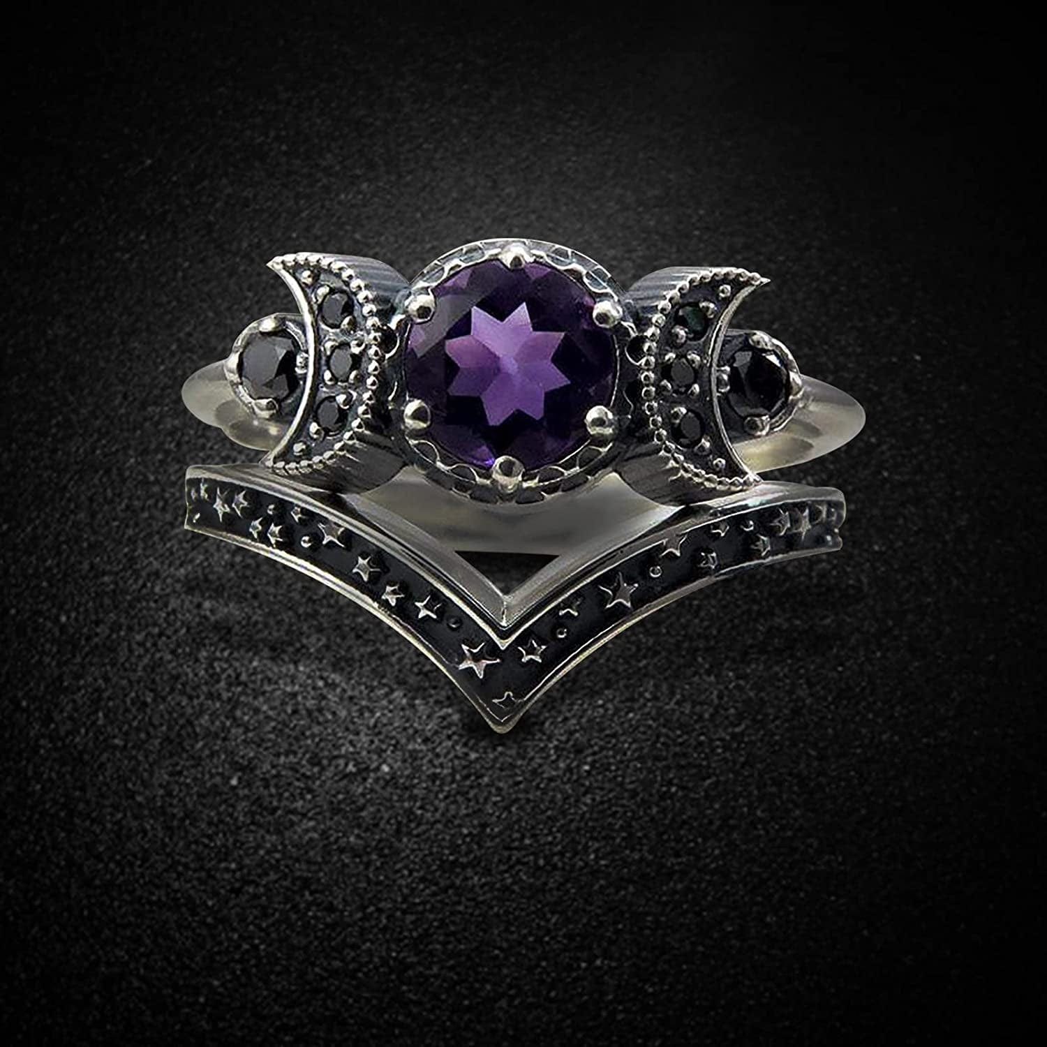 Women Punk Ringe Band Moon Ring Red Amethyst Ring Moon Jewellery Gifts Men Waves Stacking Engagement Wedding Rings Finger Band Minimalist Jewelry Gifts for Women Girls
