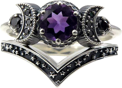 Women Punk Ringe Band Moon Ring Red Amethyst Ring Moon Jewellery Gifts Men Waves Stacking Engagement Wedding Rings Finger Band Minimalist Jewelry Gifts for Women Girls Purple / 5