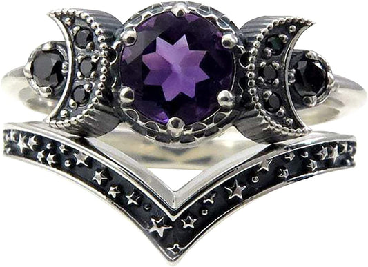 Women Punk Ringe Band Moon Ring Red Amethyst Ring Moon Jewellery Gifts Men Waves Stacking Engagement Wedding Rings Finger Band Minimalist Jewelry Gifts for Women Girls Purple / 5