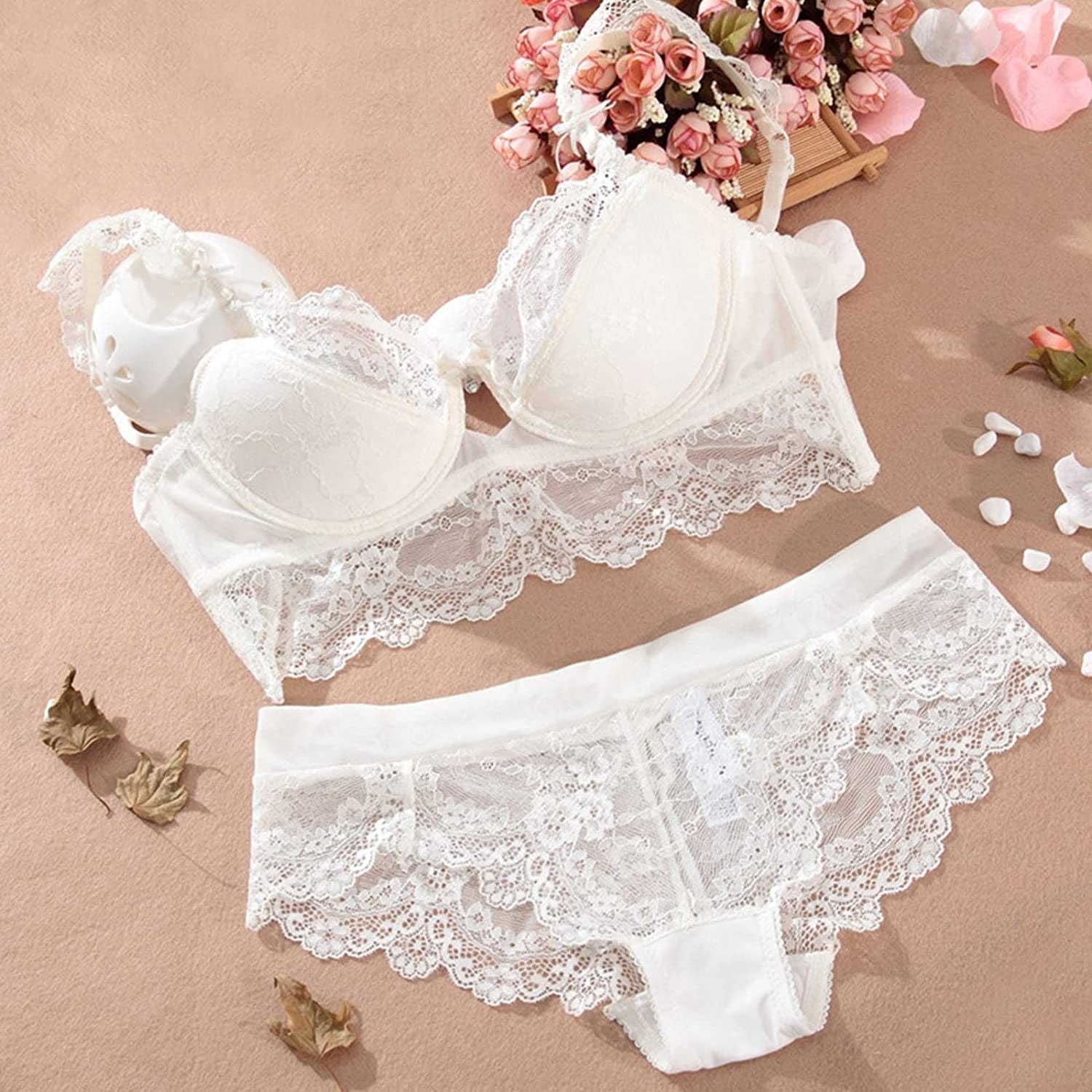 Women Push up Embroidery Bras Set Lace Lingerie Bra and Panties and Socks 4 Piece