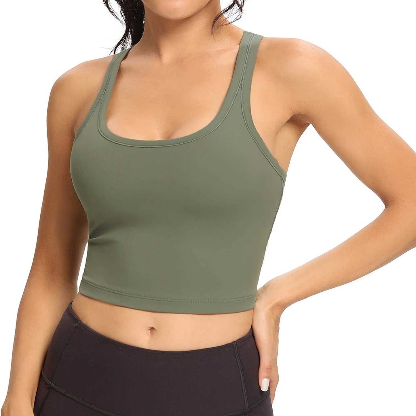 Women Racerback Sports Bra Removable Padded Workout Yoga Crop Tank Top Olive Green / Medium