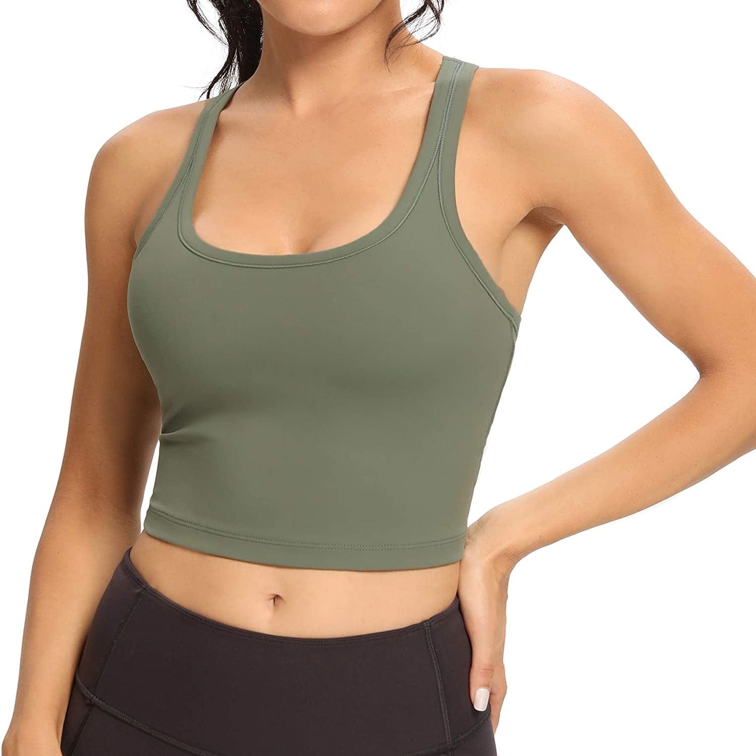 Women Racerback Sports Bra Removable Padded Workout Yoga Crop Tank Top Olive Green / Medium