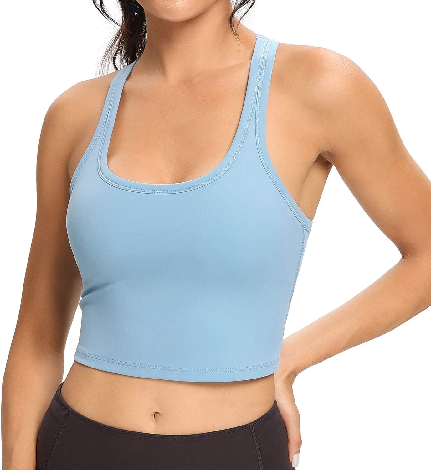 Women Racerback Sports Bra Removable Padded Workout Yoga Crop Tank Top Light Blue / Medium