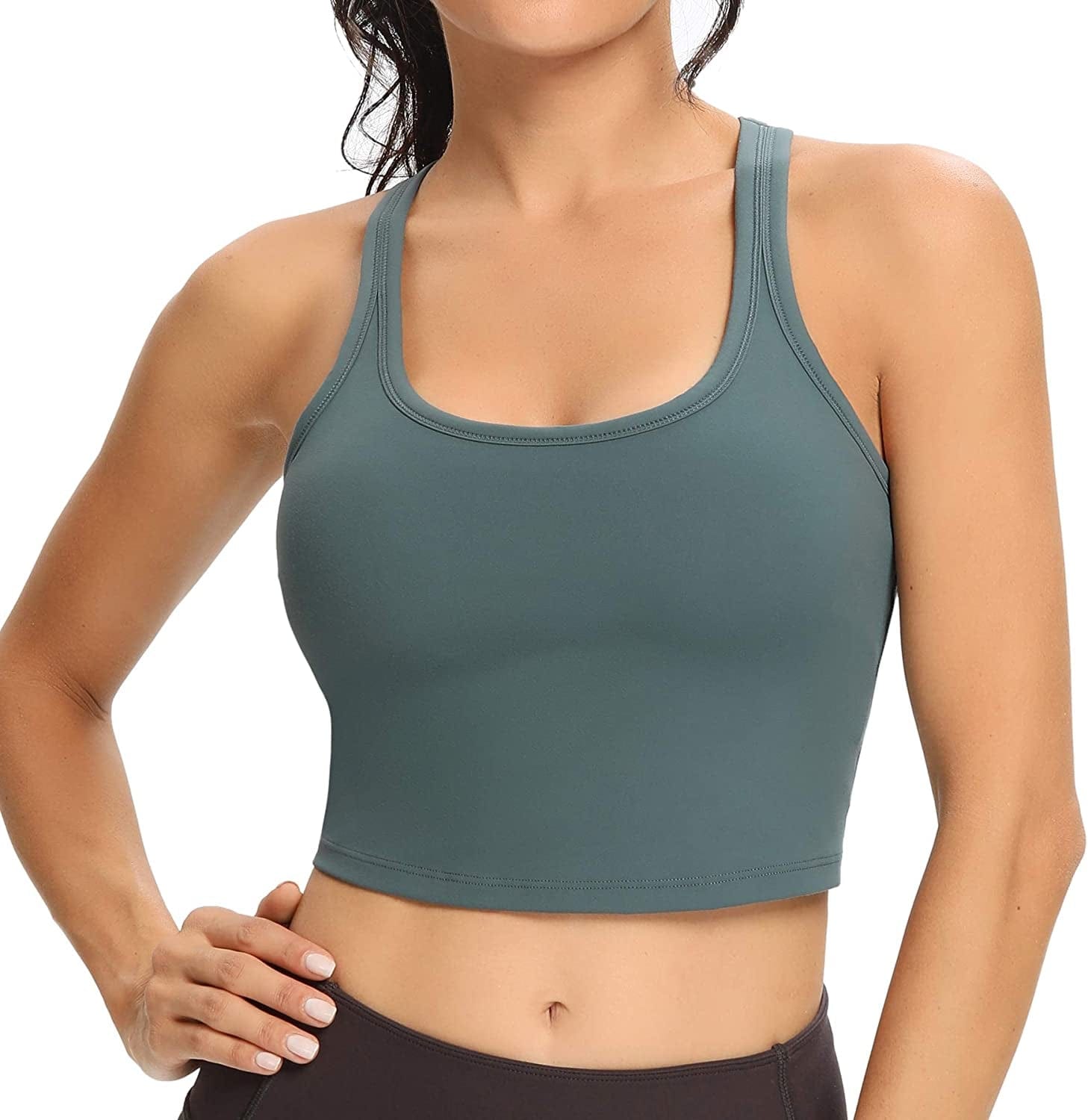 Women Racerback Sports Bra Removable Padded Workout Yoga Crop Tank Top Grey Green / Large