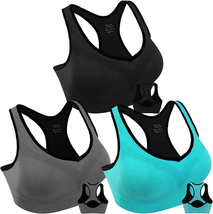 Women Racerback Sports Bras for Women High Impact Workout Yoga Gym Fitness Bra Black+blue+grey / X-Large