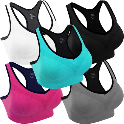 Women Racerback Sports Bras High Impact Workout Yoga Gym Fitness Bra (Black+Grey+Blue+White+Pink Black+grey+blue+white+pink / 3X-Large