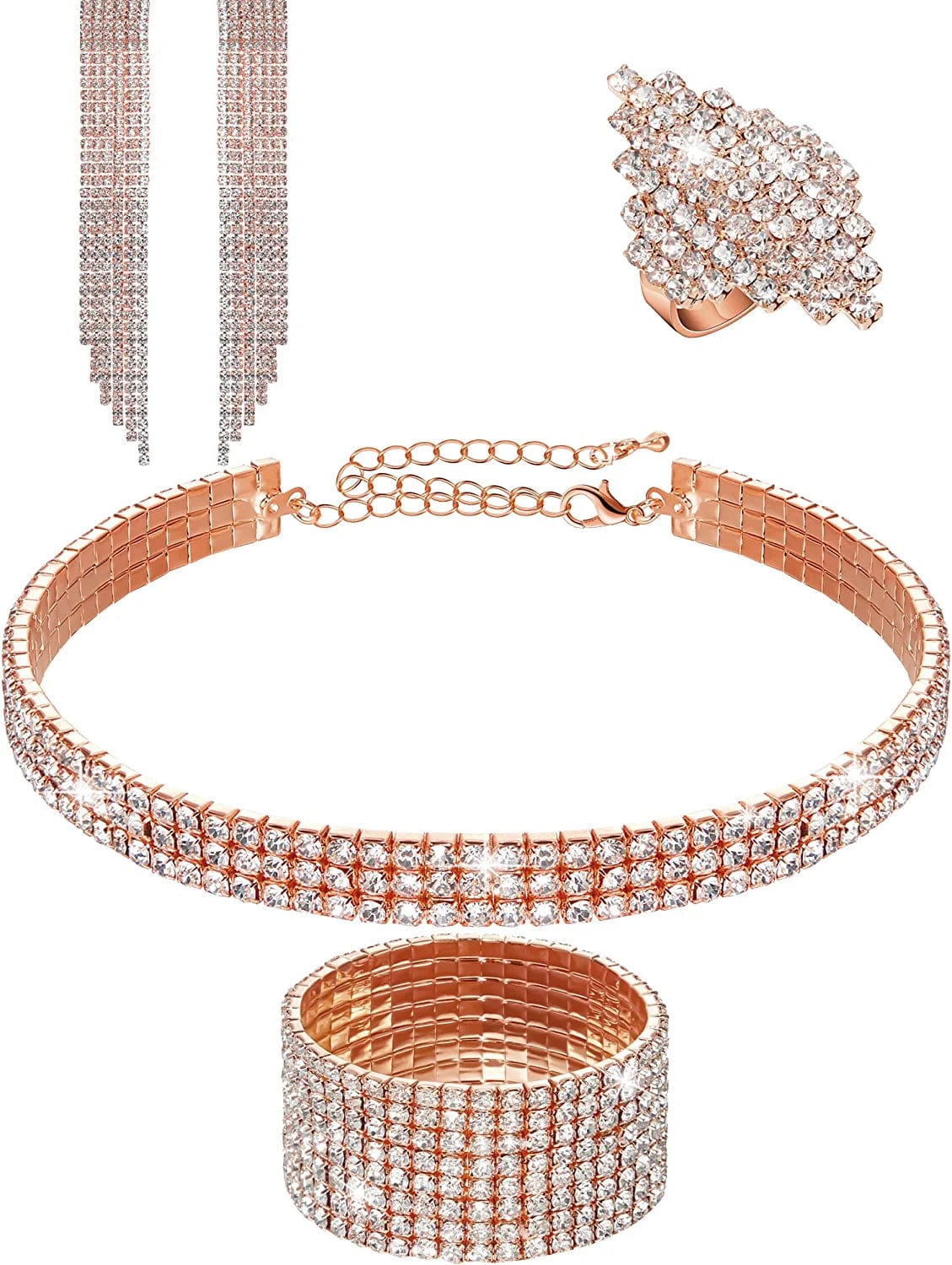 Women Rhinestone Stretch Bracelet Bangle Crystal Rhinestone Necklace Ring Dangle Fringe Earrings Rose Gold