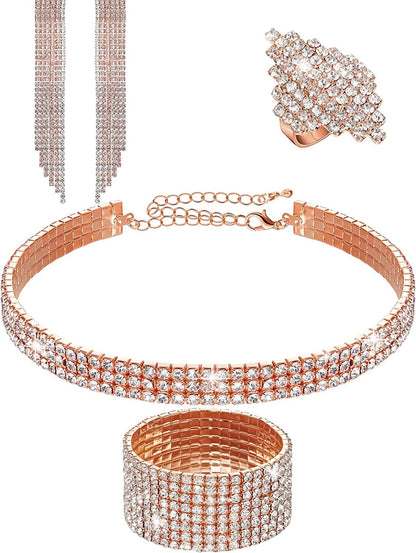 Women Rhinestone Stretch Bracelet Bangle Crystal Rhinestone Necklace Ring Dangle Fringe Earrings Rose Gold