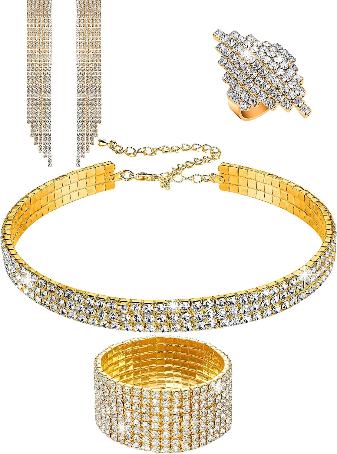 Women Rhinestone Stretch Bracelet Bangle Crystal Rhinestone Necklace Ring Dangle Fringe Earrings Gold