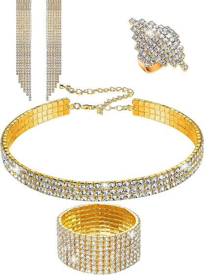 Women Rhinestone Stretch Bracelet Bangle Crystal Rhinestone Necklace Ring Dangle Fringe Earrings Gold